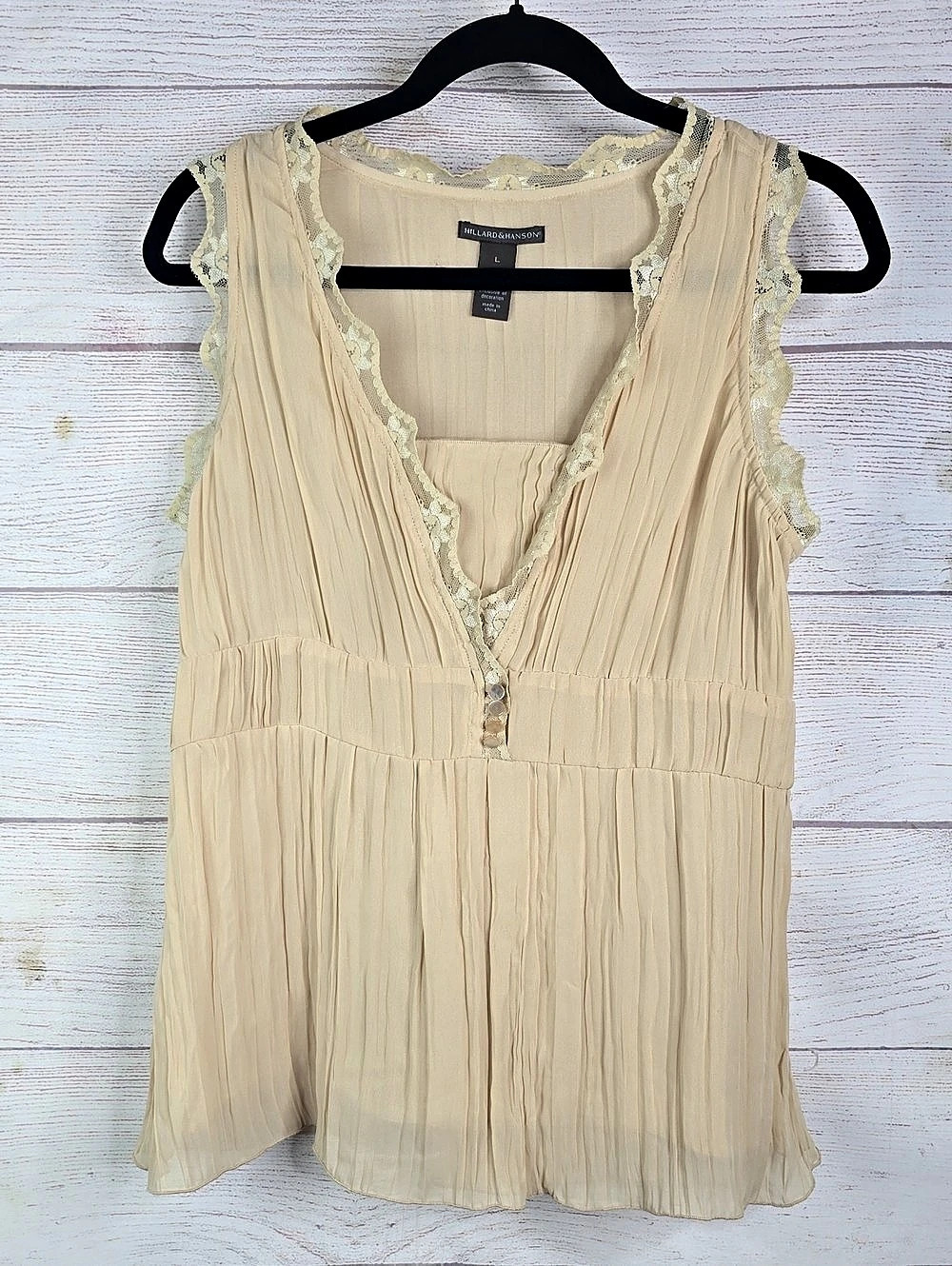 Hillard & Hansom Pleated Delicate Lace Trim Blouse in Beige Sz Large